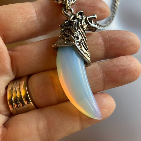 Opalite Gemstone Tusk with Men's Manly Chunky 20 inch Stainless Steel Chain NEW - Picture 2 of 12